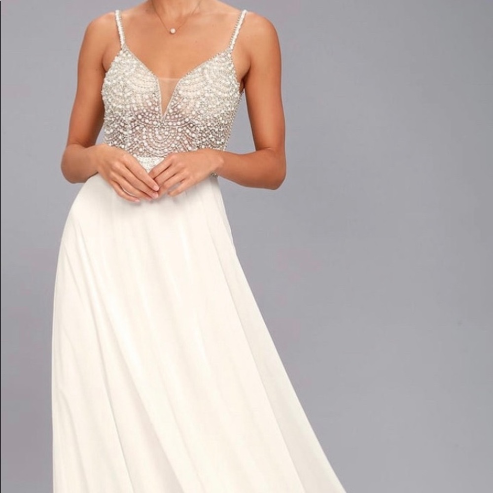 LULUS ~ True Love White Beaded Rhinestone Maxi Dress